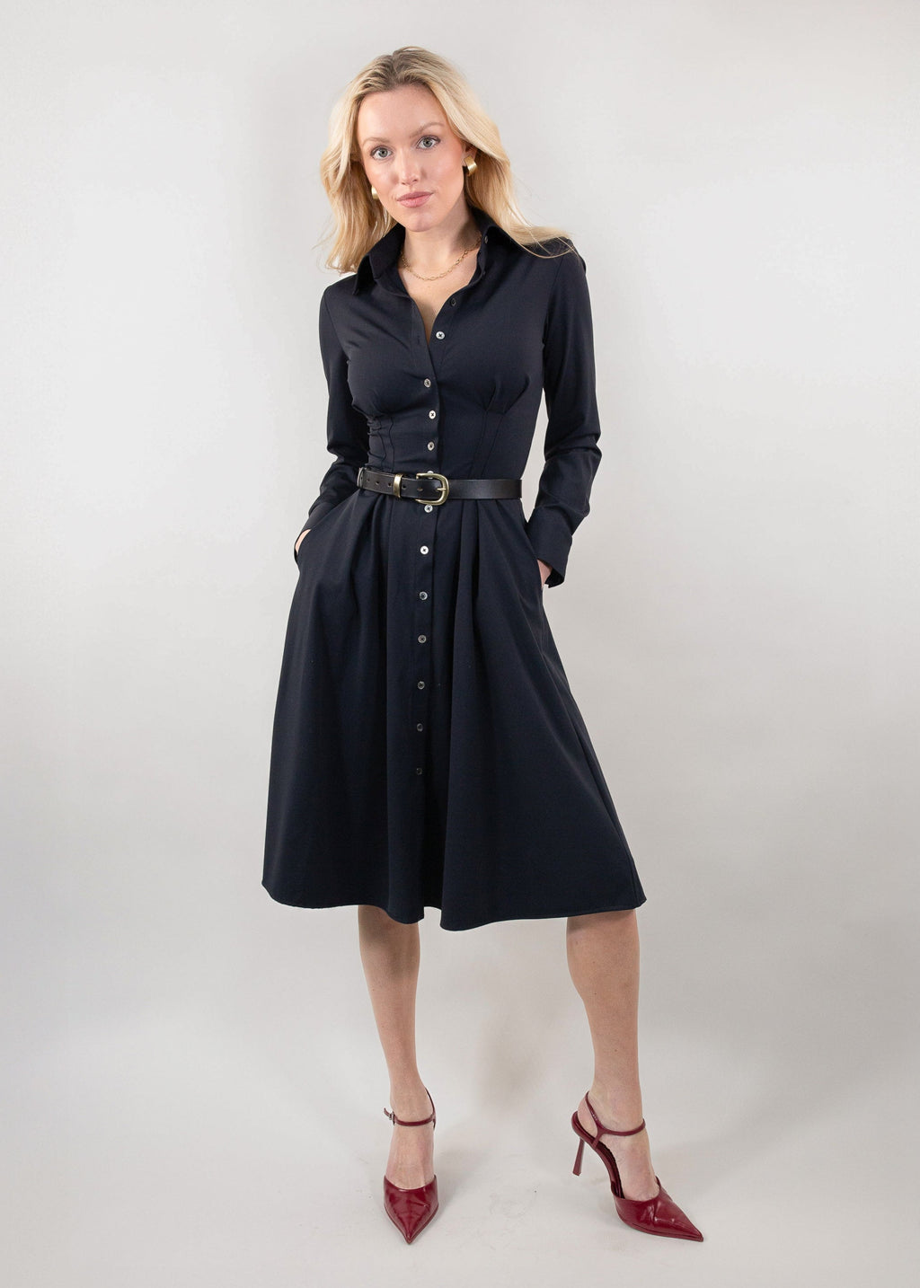 Long Sleeve Fit-and-Flare Shirt Dress Black / XS