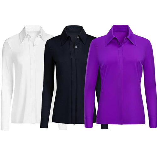 Classic Button Up in colors White, Black, and Violet.