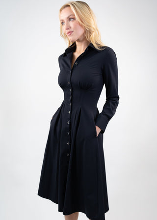 Long Sleeve Fit-and-Flare Shirt Dress black
