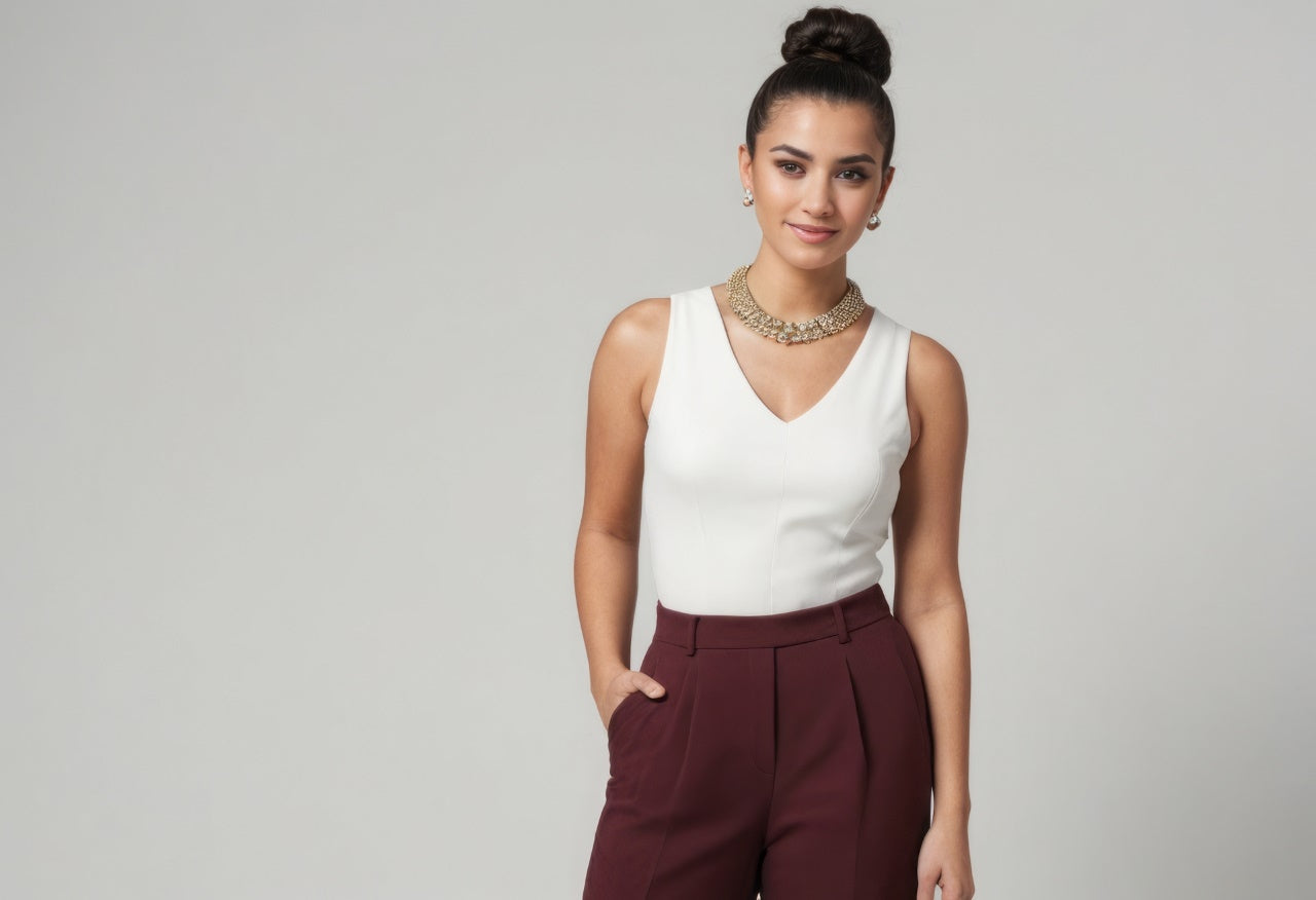beautiful woman wearing white sleeveless top