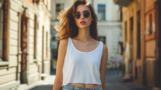beautiful woman wearing a white tank top and sunglasses
