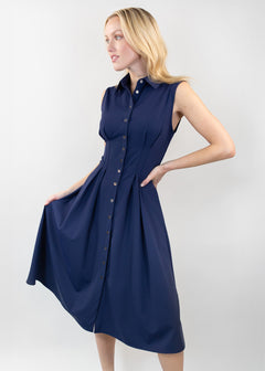 short sleeve fit and flare shirt dress navy