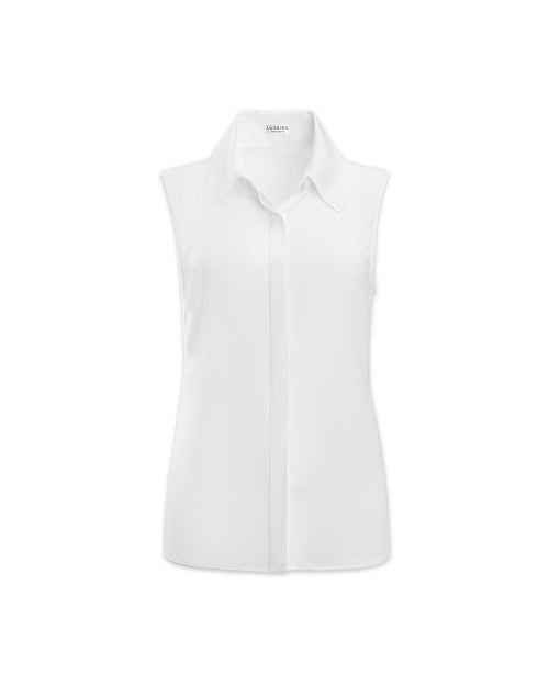 Classic Sleeveless Button Up in the color White.