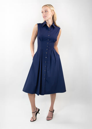 short sleeve fit and flare shirt dress navy