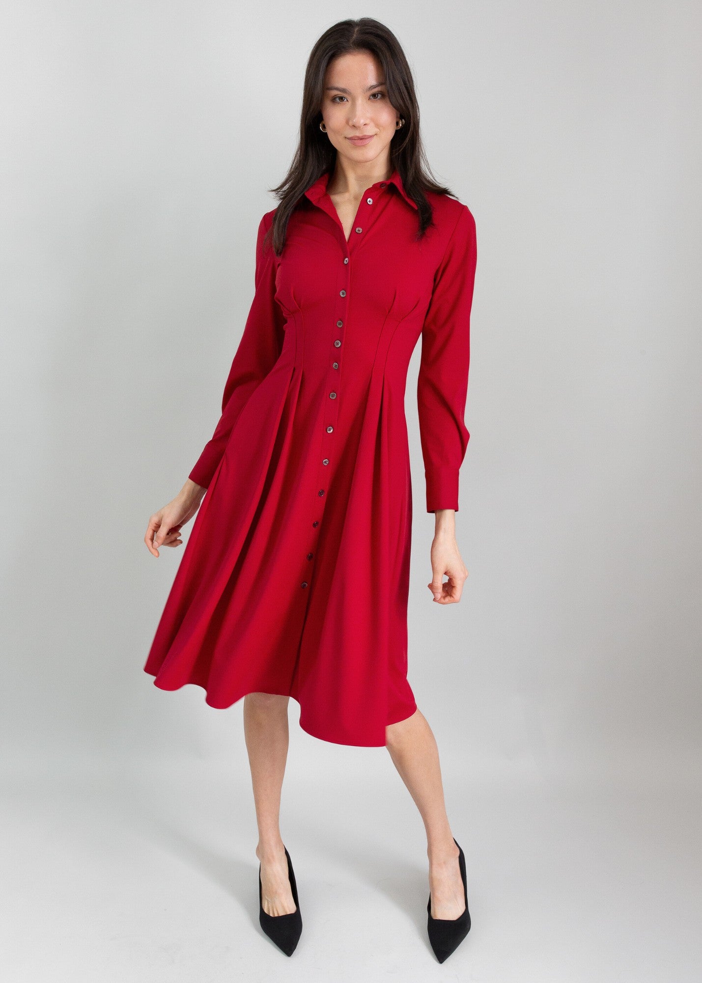 Long Sleeve Fit-And-Flare Shirt Dress M / Ruby Long Sleeve Fit-And-Flare Shirt Dress M / Ruby
