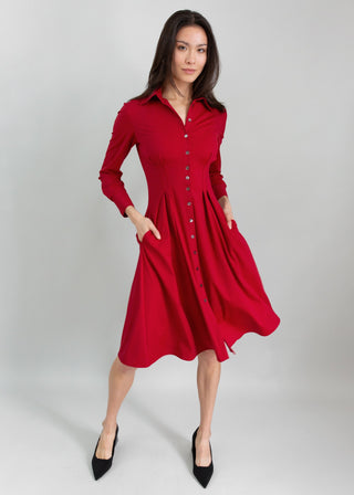 Long Sleeve Fit-And-Flare Shirt Dress Xs / Ruby Long Sleeve Fit-And-Flare Shirt Dress Xs / Ruby
