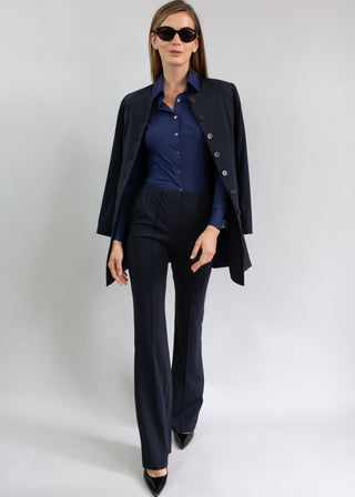 Long Sleeve Fitted Blouse | Navy and High Rise Flare Trouser | Black