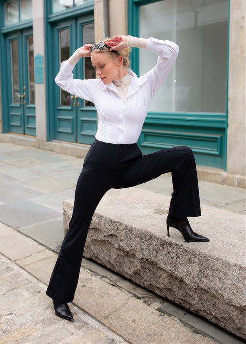 high rise flare trouser, long sleeve turtleneck, pleated bubble blouse