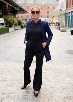 high rise flare trouser, silhouette wrap top, jewel neck coat dress