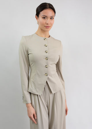 Jewel-Neck Tailored Blazer | Sandstone Micro-Weave