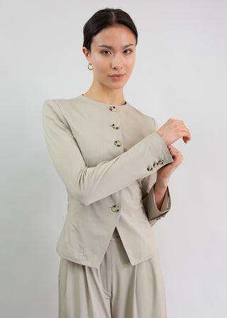 Jewel-Neck Tailored Blazer | Sandstone Micro-Weave