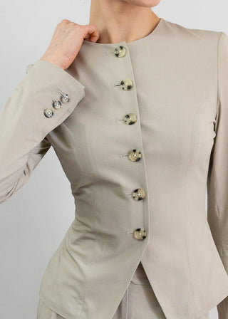 Jewel-Neck Tailored Blazer | Sandstone Micro-Weave