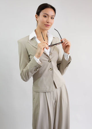 Jewel-Neck Tailored Blazer | Sandstone Micro-Weave