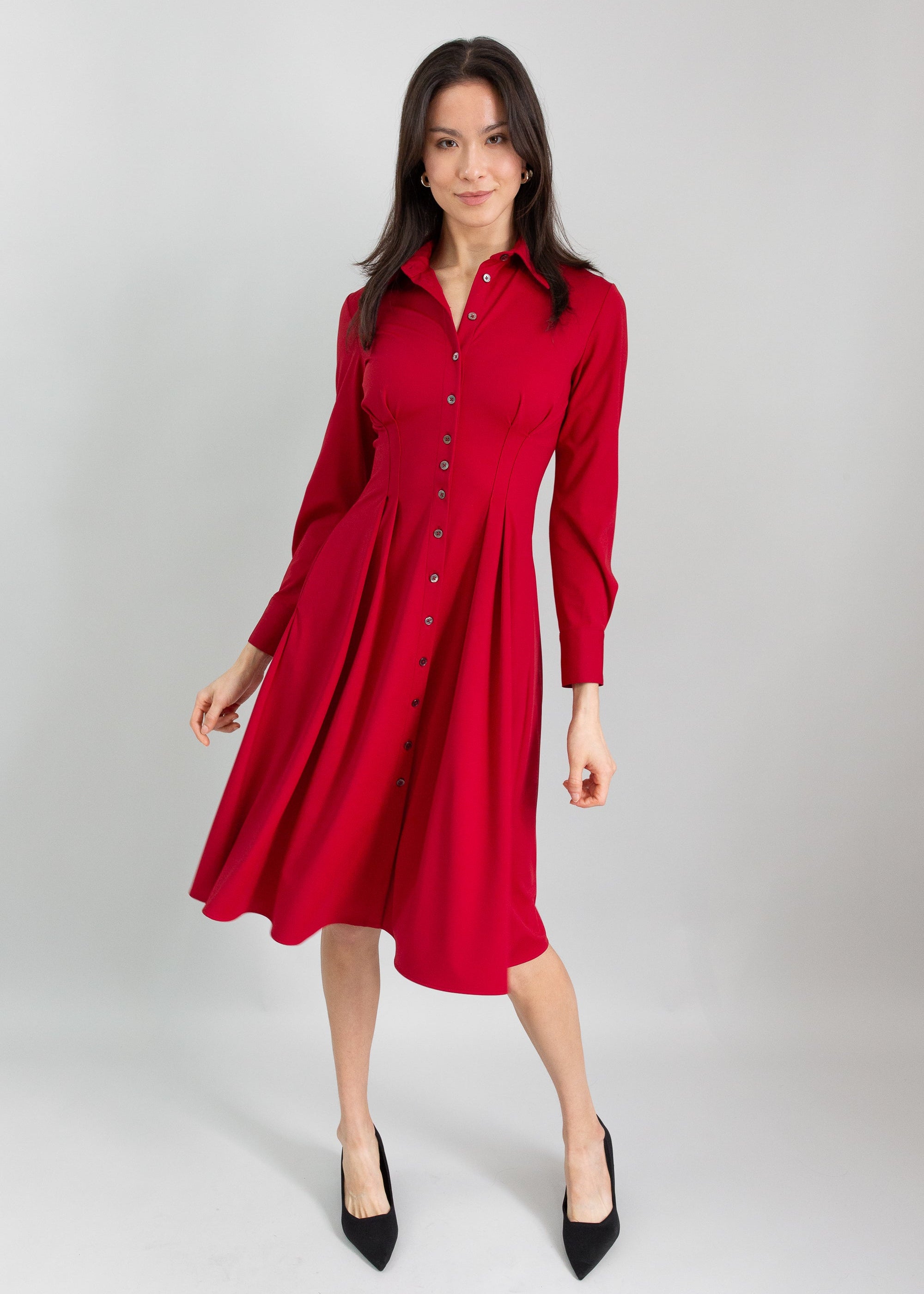 Long Sleeve Fit-and-Flare Shirt Dress – Luxeire