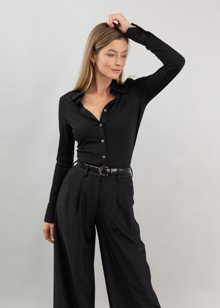 Rib Knit Satin Blouse | Black
