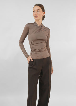 Satin Silhouette Wrap Top | Mocha
