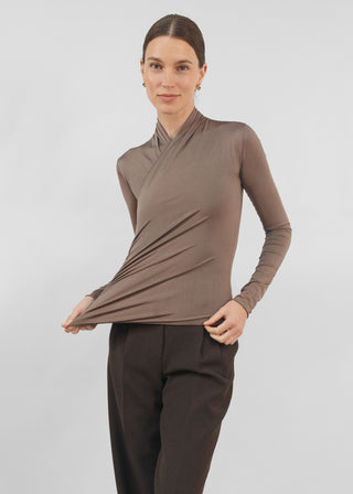 Satin Silhouette Wrap Top | Mocha