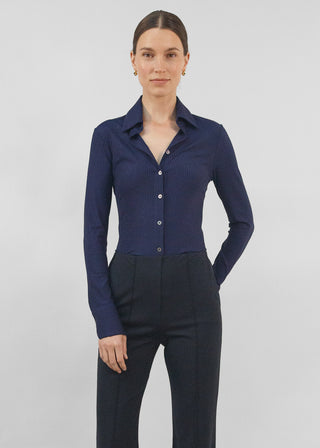 Rib Knit Satin Tailored Button Up | Navy