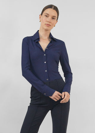 Rib Knit Satin Tailored Button Up | Navy