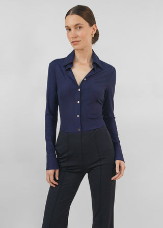 Rib Knit Satin Tailored Button Up | Navy