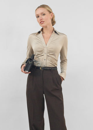 Satin Ruched V-Neck Blouse Champagne