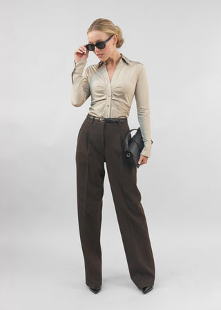 Satin Ruched V-Neck Blouse Champagne