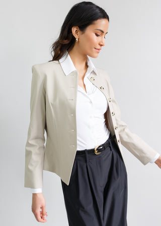 Jewel-Neck Tailored Blazer | Sandstone Micro-weave