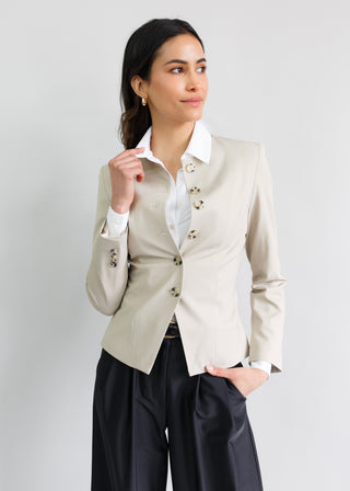 Jewel-Neck Tailored Blazer | Sandstone Micro-weave