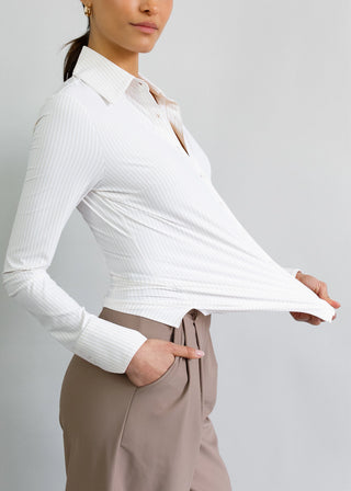 Neutral Pencil Stripe Tailored Button Up