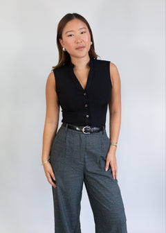 ribbed sleeveless vneck blouse black