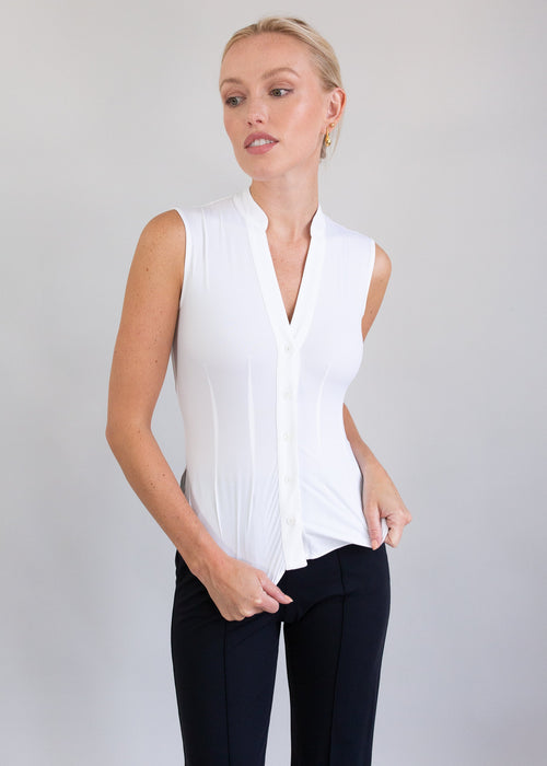 sleeveless vneck blouse white