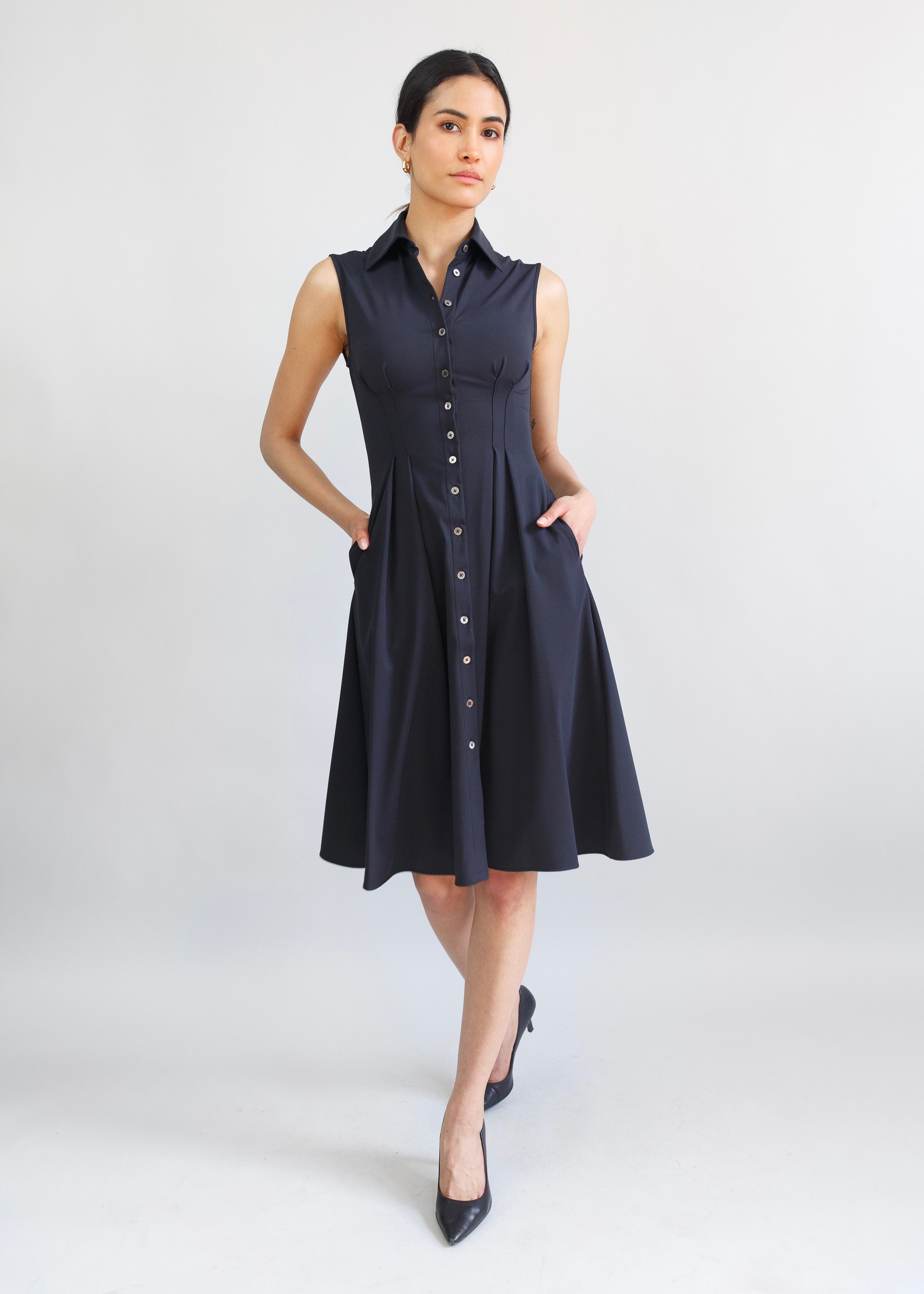 Sleeveless Fit-and-Flare Shirt Dress Luxeire Sleeveless Fit-and-Flare Shirt Dress Luxeire