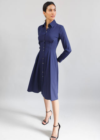 Long Sleeve Fit-and-Flare Shirt Dress Navy
