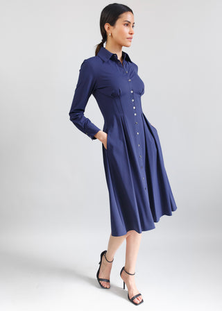 Long Sleeve Fit-and-Flare Shirt Dress Navy