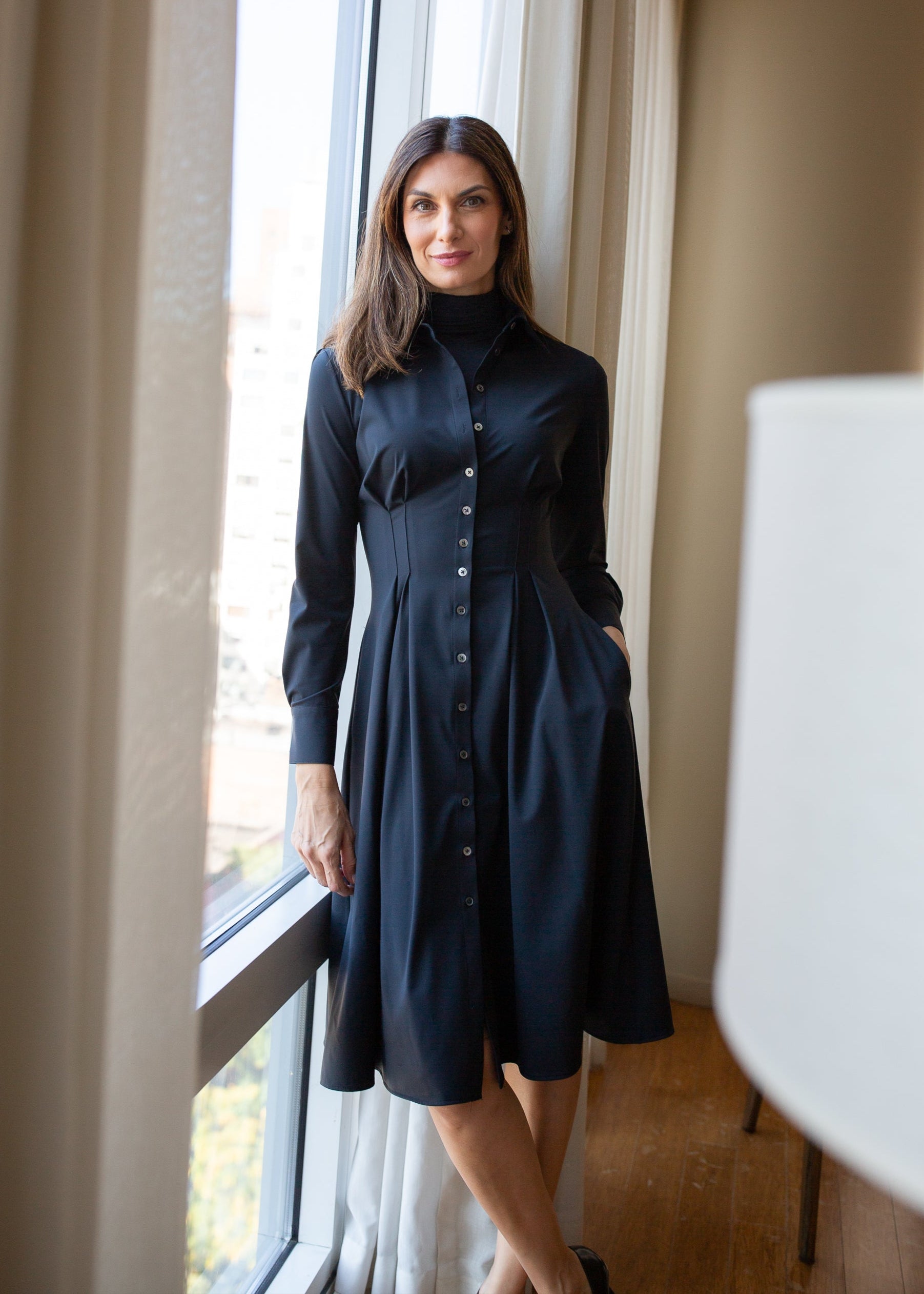 Long Sleeve Fit-and-Flare Shirt Dress Luxeire Long Sleeve Fit-and-Flare Shirt Dress Luxeire