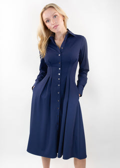 Long Sleeve Fit-and-Flare Shirt Dress Navy