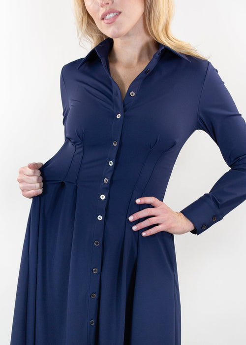 Long Sleeve Fit-and-Flare Shirt Dress Navy