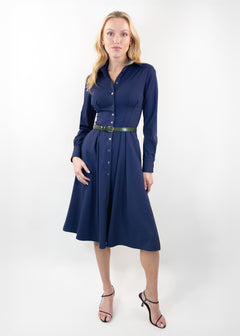 Long Sleeve Fit-and-Flare Shirt Dress Navy