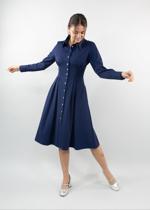 Long Sleeve Fit-and-Flare Shirt Dress Navy
