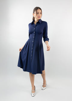 Long Sleeve Fit-and-Flare Shirt Dress Navy
