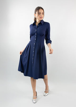Long Sleeve Fit-and-Flare Shirt Dress Navy