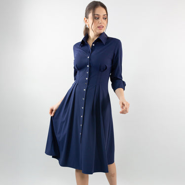 Long Sleeve Fit-and-Flare Shirt Dress Navy