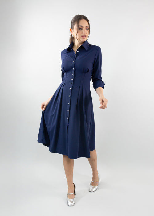 Long Sleeve Fit-and-Flare Shirt Dress Navy