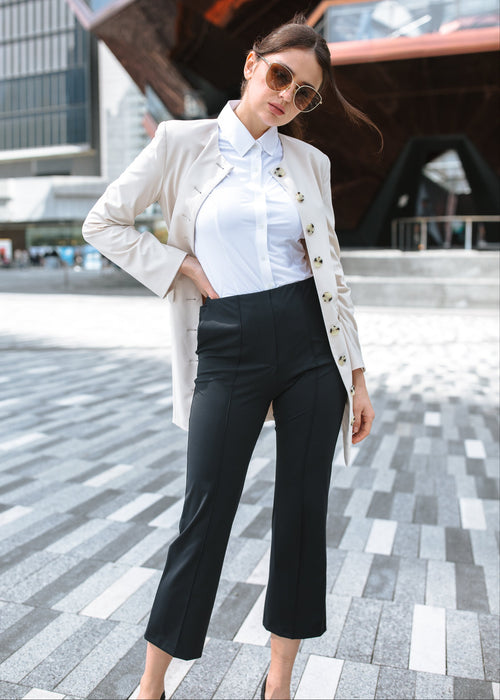 short sleeve fitted blouse jewel neck coat dress high rise cropped trouser