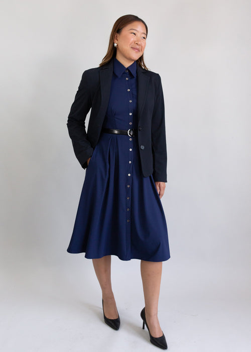 long sleeve fit flare shirt dress navy