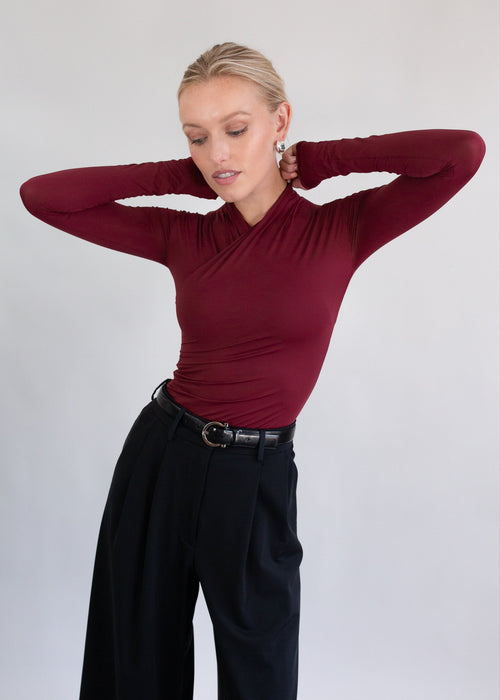 silhouette wrap top merlot