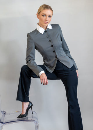 Jewel-Neck Tailored Blazer | Grey Twill