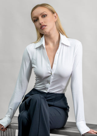 Rib Knit Satin Blouse | White