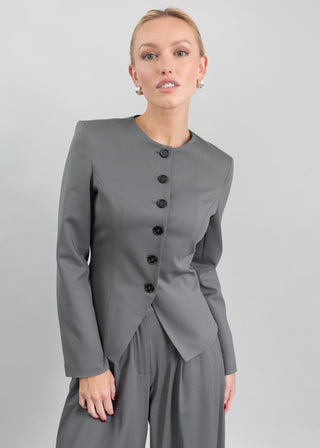 Jewel-Neck Tailored Blazer | Grey Twill