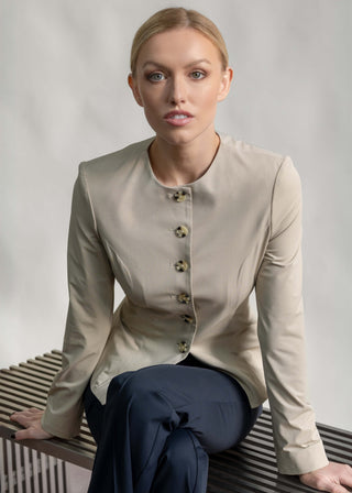 Jewel-Neck Tailored Blazer | Sandstone Micro-Weave